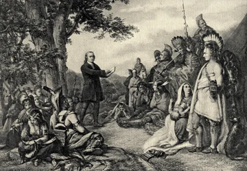 John Wesley predigt den Indianern in Georgia im Jahr 1736